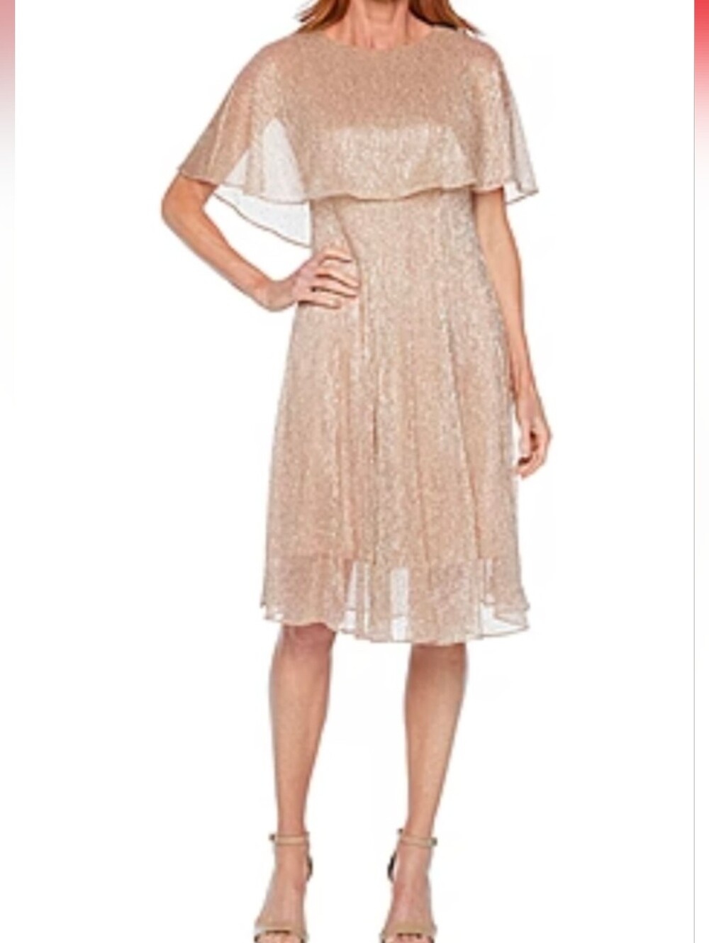 Danny & Nicole Champagne Gold Metallic Capelet Midi Dress